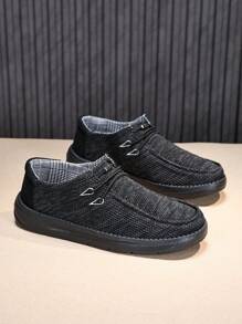 Men's Black Loafers, Casual Formal Shoes, Lightweight Soft Comfortable Low Work Shoes, Semi-Minimalist Design Slip-On Canvas Boat Shoes - Black - View 3