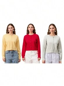 Women's Crop Knit Cardigan Solid Color Crew Neck Button Down Long Sleeve Tops For Fall Winter