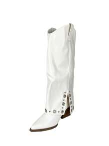 TULIPANO High-Quality Women's Cowboy Boots With Chunky Heels, Punk Style, Y2K Collection, New Wide-Shaft Boots With Studs For Autumn/Winter, Ideal For Modern And Daring Looks. High-Quality Women's Cowboy Boots With Chunky Heels, Punk Style, And Loose Design, New Autumn/Winter Collection With Studs And Y2K Style, Long Boots - 白色 - 查看 6