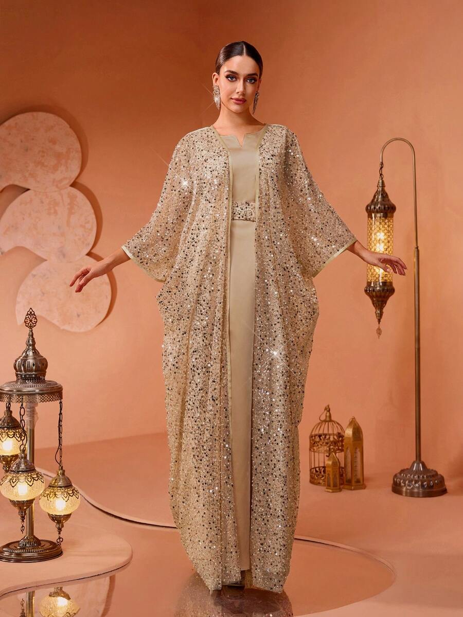 Women's High-End Luxurious Pearl Embroidered Lace Sequin Mesh Two-Piece Robe Dress