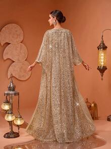 Women's High-End Luxurious Pearl Embroidered Lace Sequin Mesh Two-Piece Robe Dress - Gold - View 8