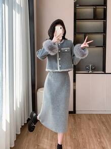 RUIWY 2 件女式套装：高端毛绒领保暖棉服外套和超长裙，秋冬季时尚风格服装 - 灰色 - 查看 1