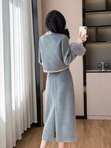 RUIWY 2 件女式套装：高端毛绒领保暖棉服外套和超长裙，秋冬季时尚风格服装 - 灰色 - 查看 2