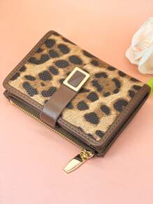 MINGYOU 女士短款钱包 PU 时尚经典豹纹拼色按扣开合宽敞多卡槽多功能卡包零钱包，青春拉链零钱包小巧轻便携带方便，适合节日礼物 - 棕色 - 查看 5