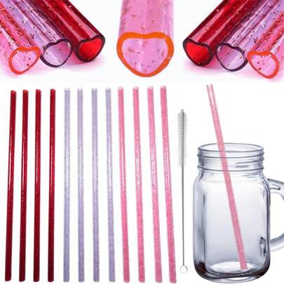 12-Piece Heart-Shaped Straws Made Of PP Material, Reusable Straws With Cleaning Brush | Transparent Glitter Pink, Transparent Glitter Purple And Transparent Glitter Pink | Suitable For Iced Coffee, Juice And Carbonated Drinks | Perfect Choice For Birthdays, Valentine's Day