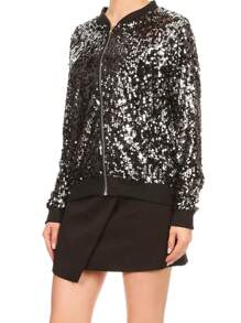 Chaqueta de manga larga con cremallera frontal y puños acanalados, con lentejuelas, para mujer, ideal para fiestas - Negro+plata - Ver 3