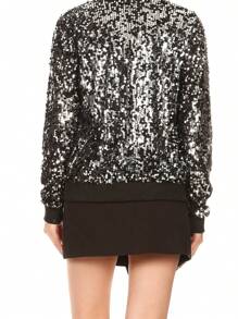 Chaqueta de manga larga con cremallera frontal y puños acanalados, con lentejuelas, para mujer, ideal para fiestas - Negro+plata - Ver 2