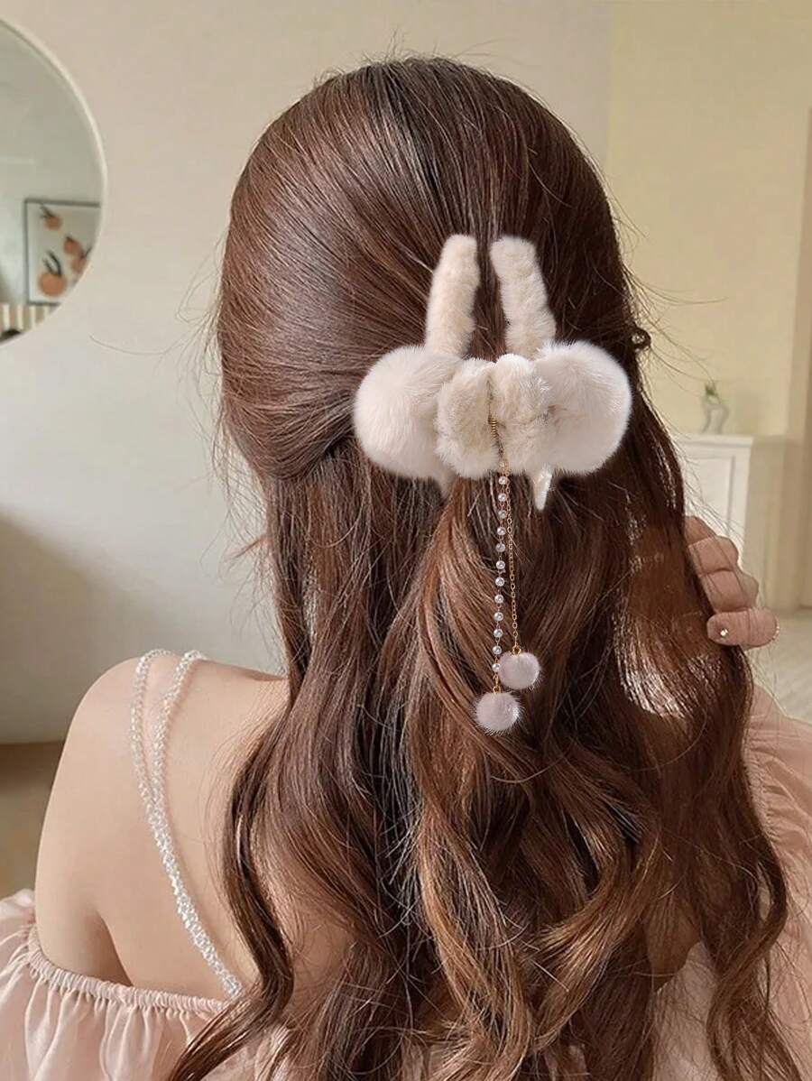 毛皮绒球流苏蝴蝶结发夹，超大发爪发夹，适合盘发 - 彩色 - 查看 1