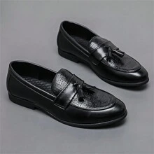 Men's Loafers Casual Slip-On Shoes, Korean Style Tasseled Fashion Versatile Leather Dress Shoes For Wedding - Black - View 6