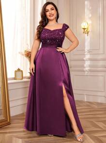 Plus Size Sequin Lace Satin Patchwork Split Hem Evening Dress, Suitable For Valentine's Day, Summer, Wedding Guest, Graduation Dance, Birthday, Gala, Commencement Ceremony And Other Occasions - Maroon - View 4
