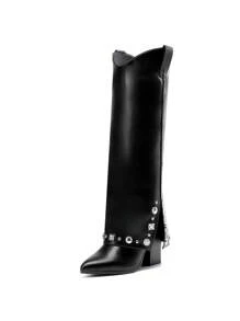 Western Cowgirl Boots For Women Pointed Toe Fold Over Knee High Boots Pull On Zipper Chunky Heel Comfortable Party Cowboy Boots - 黑色 - 查看 5