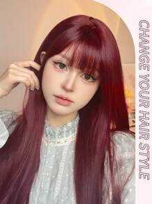 红色长直假发，26 英寸合成纤维长直发，刘海为勃艮第棕色，由纤维制成，适合日常使用，自然逼真的假发。
