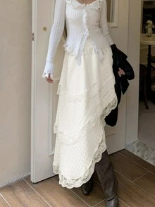 Korean Style Asymmetrical Lace Hem High Waist Slim Fit A-Line Skirt, Elegant For Autumn - Apricot - View 4