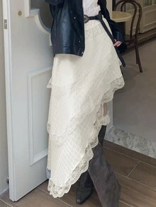 Korean Style Asymmetrical Lace Hem High Waist Slim Fit A-Line Skirt, Elegant For Autumn - Apricot - View 5