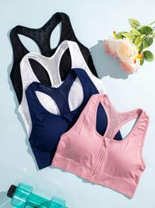 4pcs Seamless Caged Racerback Sports Bras, Front Zipper Elastic Short Style Women's Brassiere