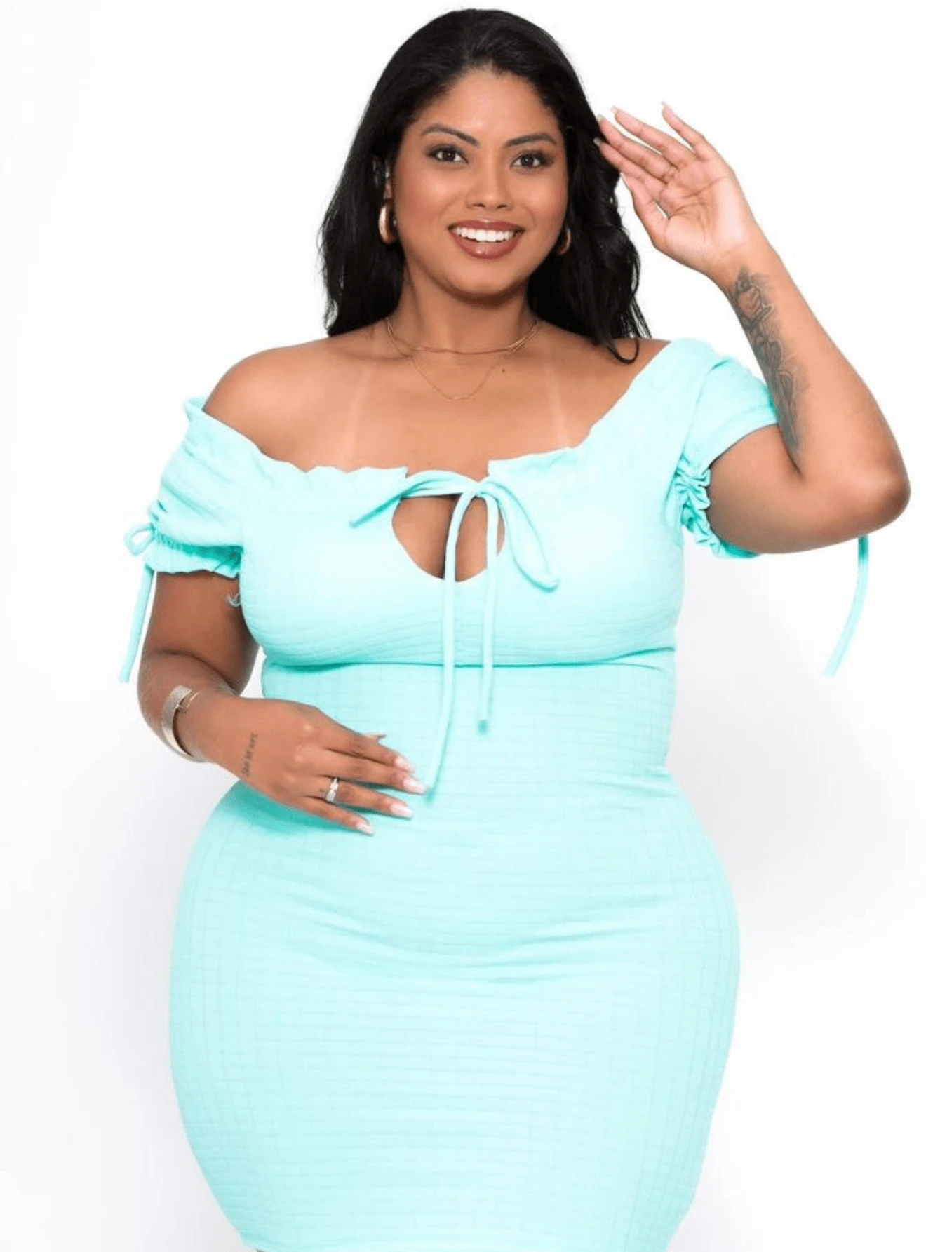 Short Black Plus Size Off-The-Shoulder Sheath Dress For Women – Sophistication And Comfort In One Look - 薄荷綠 - 查看 1