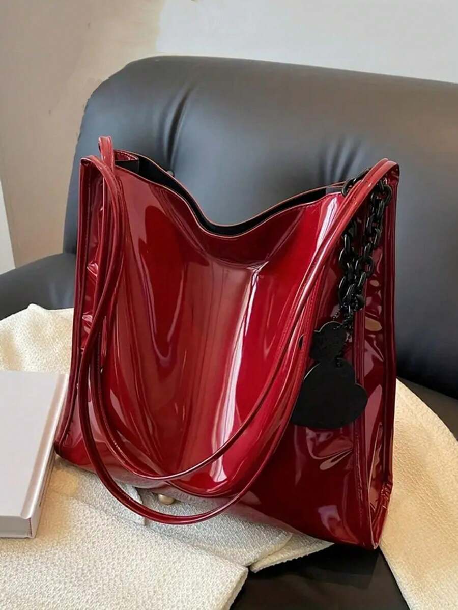 Yogodlns 时尚漆皮手提包纯色大容量单肩包水桶包腋下包日常使用