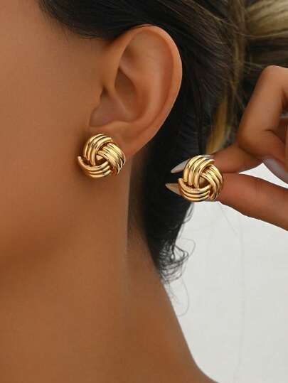 1 Pair Petite Versatile Striped Button Knot Stud Earrings, Suitable For Women's Daily Wear