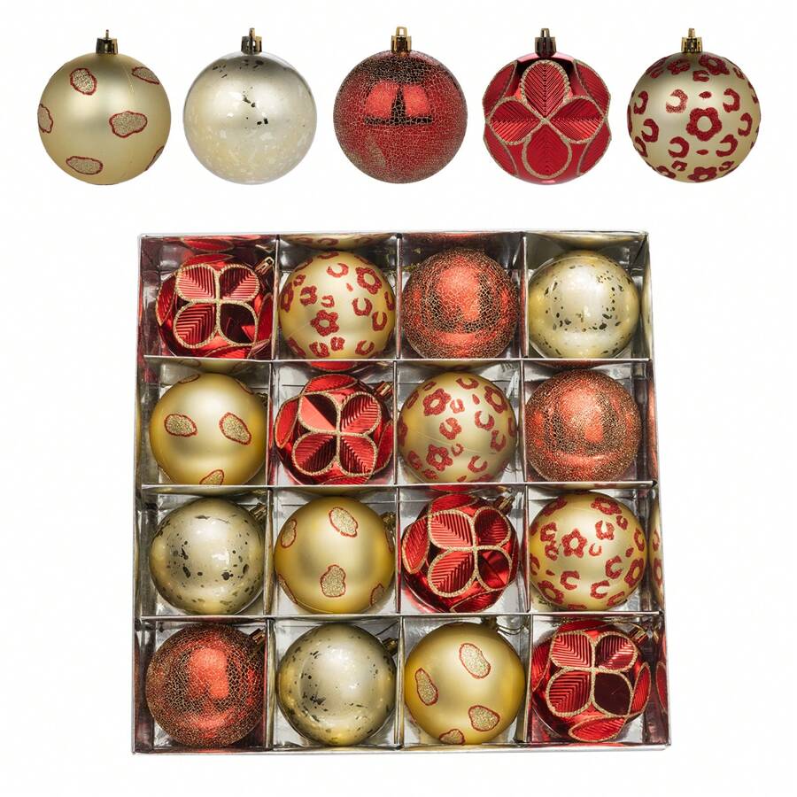 Leopard Print Christmas Ball Ornament Set, 8cm/16 Pieces Of Shatterproof Christmas Tree Decoration, Christmas Party/Holiday/Home Decoration - Gold red - View 1