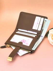 MINGYOU 女士短款钱包 PU 时尚经典豹纹拼色按扣开合宽敞多卡槽多功能卡包零钱包，青春拉链零钱包小巧轻便携带方便，适合节日礼物 - 棕色 - 查看 4