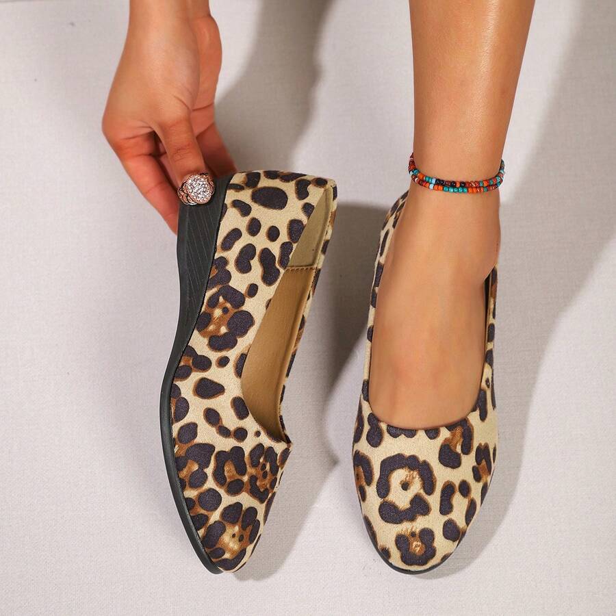 女式复古优雅休闲坡跟圆头平底鞋，纯色低帮乐福鞋 - 豹紋 - 查看 1