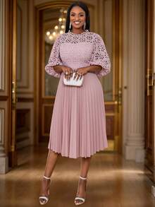 Women Crew Neck Solid Color Lace Patchwork Lantern Sleeve Elegant Dress - Pink - View 3