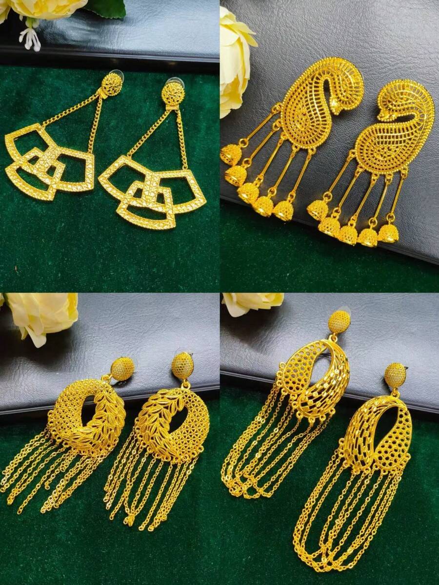 1 Pair Women's Leaf & Corn Hollow Out Dangle Earrings, Gold-Plated, Fashion Jewelry Gift For Wedding, Party, Date Outfit, Europe, Middle East, Dubai, Africa