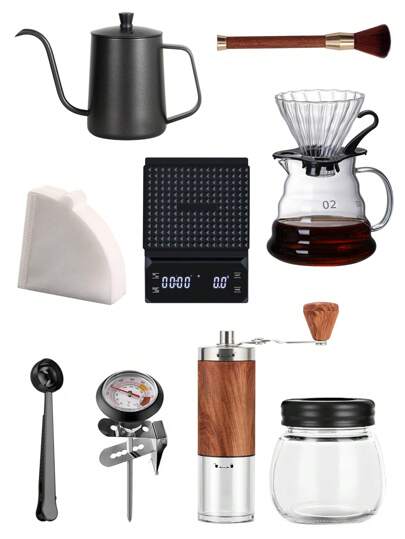2/3/4/6/10件手动咖啡壶套装、便携式咖啡礼品套装、600毫升不锈钢咖啡滴滤器、温度计、600毫升共享咖啡壶、V02玻璃滤杯、手动咖啡研磨机、咖啡勺、咖啡秤、玻璃咖啡罐、研磨机清洁刷、100个咖啡过滤器、旅行咖啡配件 返校