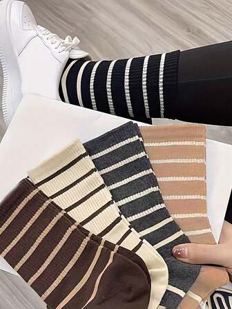 5pairs Retro Stripe Maillard Crew Socks For Women, Fall
