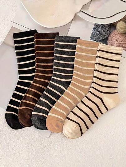 5 perechi de șosete Maillard Crew cu dungi retro pentru femei, toamnă