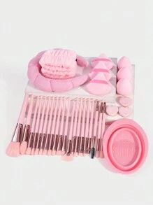 MAANGE 33Pcs Professional Makeup Tool Set With 20pcs Makeup Brush Set+9pcsPowder Puff Accessories+1pc Silicone Cleaning Bowl+1pc Hairband+2pcs Hand Strap,Makeup Tools With Soft Fiber And Skin-Friendly For Easy To Carrying,Gifts For Women&Girls - Hồng - Xem 2