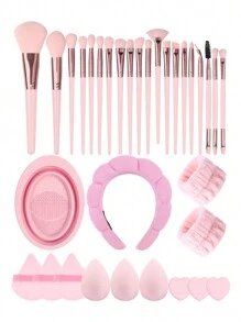 MAANGE 33Pcs Professional Makeup Tool Set With 20pcs Makeup Brush Set+9pcsPowder Puff Accessories+1pc Silicone Cleaning Bowl+1pc Hairband+2pcs Hand Strap,Makeup Tools With Soft Fiber And Skin-Friendly For Easy To Carrying,Gifts For Women&Girls - Hồng - Xem 4