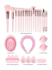 MAANGE 33Pcs Professional Makeup Tool Set With 20pcs Makeup Brush Set+9pcsPowder Puff Accessories+1pc Silicone Cleaning Bowl+1pc Hairband+2pcs Hand Strap,Makeup Tools With Soft Fiber And Skin-Friendly For Easy To Carrying,Gifts For Women&Girls - Hồng - Xem 3
