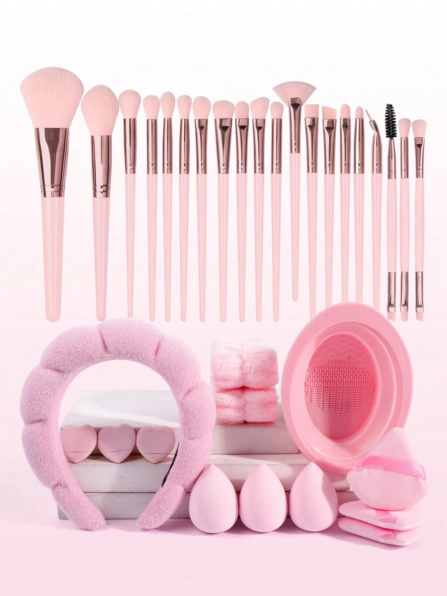 MAANGE 33Pcs Professional Makeup Tool Set With 20pcs Makeup Brush Set+9pcsPowder Puff Accessories+1pc Silicone Cleaning Bowl+1pc Hairband+2pcs Hand Strap,Makeup Tools With Soft Fiber And Skin-Friendly For Easy To Carrying,Gifts For Women&Girls - Hồng - Xem 1