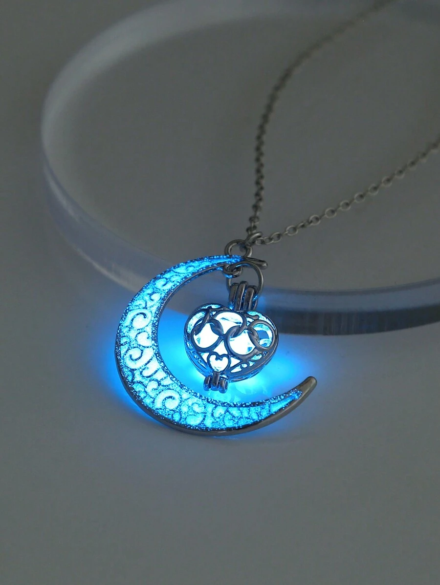 1pc Fashionable Creative Moon & Heart Luminous Pendant Necklace, Unique Glow In The Dark Choker For Women Valentines - Silver - View 1
