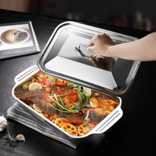 1pc Stainless Steel Thick Double-Ear Heatproof Baking Tray For Fish, Multifunctional Induction Cooker Dedicated Baking Plate With Cover