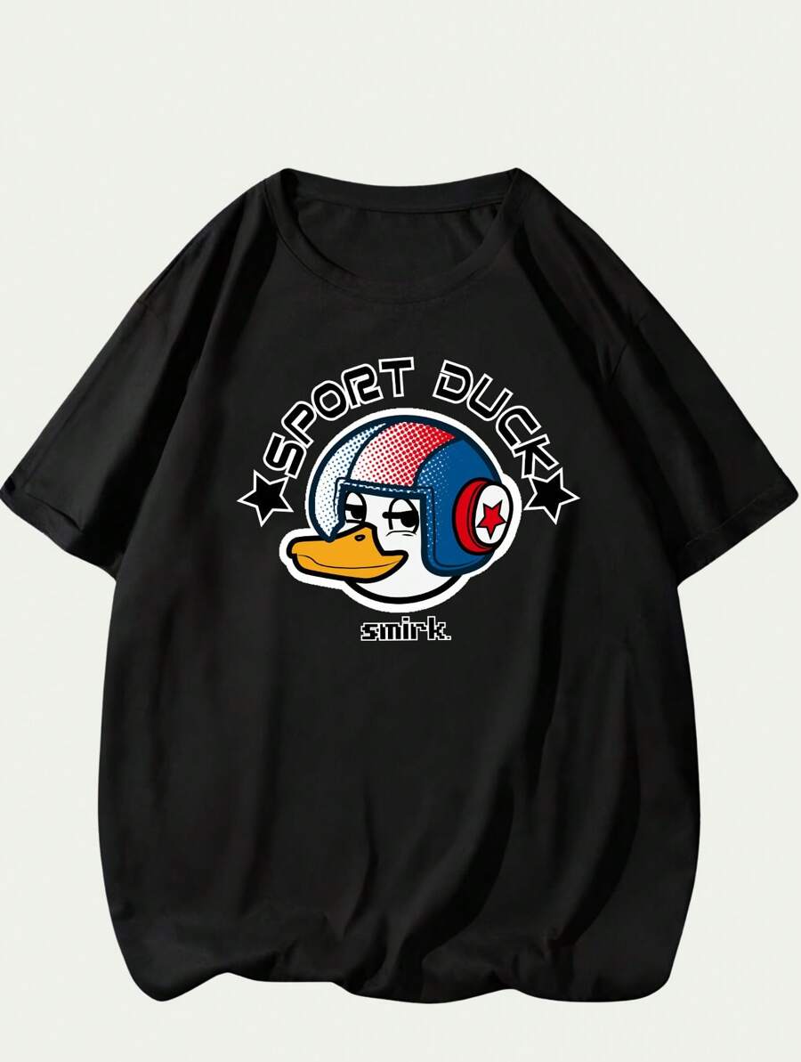 Cotton T-Shirt Cartoon Style Cute Animals Comfort Premium Breathable Unisex T-Shirt Elegant Summer - 黑色 - 查看 1