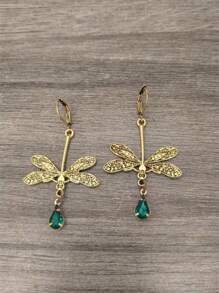 1 Paire De Boucles D'oreilles Crochets Pendentifs Style Bohémien Vintage Libellule & Perles Vertes Fausses Pour Femmes, Cadeau De Bijoux Pour Fêtes Et Voyages