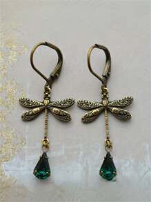 1 Paire De Boucles D'oreilles Crochets Pendentifs Style Bohémien Vintage Libellule & Perles Vertes Fausses Pour Femmes, Cadeau De Bijoux Pour Fêtes Et Voyages