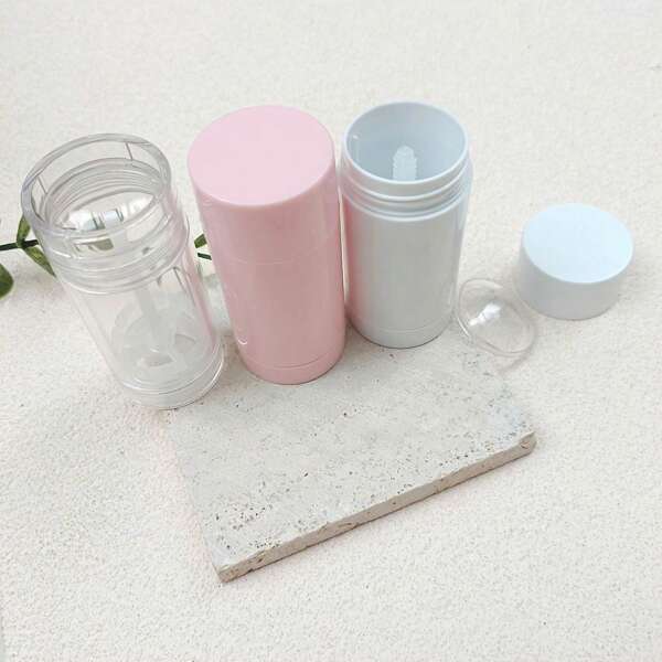 1 pieza Recipiente redondo para barra de desodorante o protector solar de 30g de plástico en color rosa, blanco y transparente con tapa interna