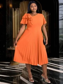 Robe asymétrique à volants manches élégante, coupe évasée plissée, pour femmes grandes tailles. Idéal pour le travail, les cérémonies, les défilés de remise des diplômes, l'église