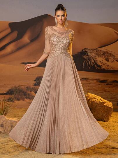 闪亮半袖褶裥正式礼服，适合婚礼宾客；A字长款精致蕾丝晚礼服，饰有亮片和手工串珠贴花；优雅的新娘母亲礼服，伴娘礼服；正式晚礼服，后背拉链；舞会礼服；适合婚礼宾客、毕业典礼、晚宴、情人节等场合。