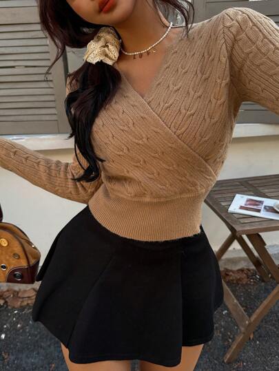 Women's Solid Color Long Sleeve V-Neck Casual Pullover Sweater, Fashionable And Slim Fit