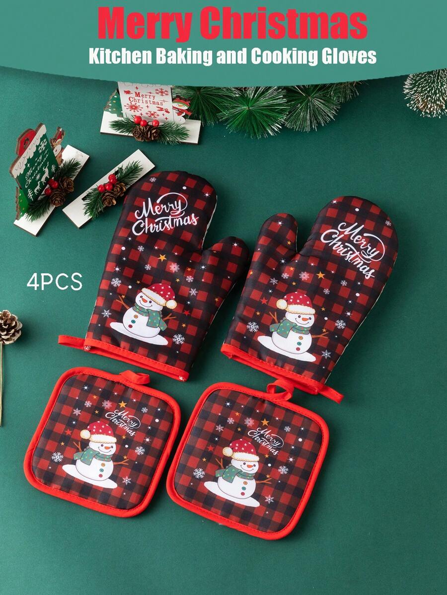 4 件装圣诞烤箱手套、厨房烘焙烹饪手套、微波炉耐热手套，适用于节日装饰 - 彩色 - 查看 1