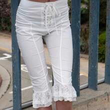 Women Capri Pants Lace Ruffles Front Cross Tie-Up Summer Casual Cropped Pants Stretch Crop Leggings - 白色 - 查看 1