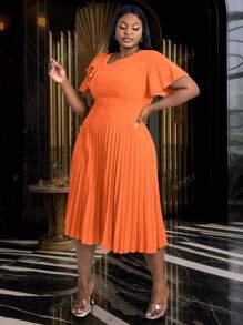 Robe asymétrique à volants manches élégante, coupe évasée plissée, pour femmes grandes tailles. Idéal pour le travail, les cérémonies, les défilés de remise des diplômes, l'église