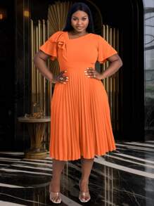 Plus Size Women Asymmetric Neckline Elegant Ruffle Sleeve A-Line Dress, Suitable For Commute, Graduation Ceremony, Church Service, Graduation Gown Summer - Orange - View 7