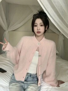 休闲舒适厚实蓬松柔软针织开衫长袖毛衣夹克 - 粉色 - 查看 2