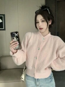 休闲舒适厚实蓬松柔软针织开衫长袖毛衣夹克 - 粉色 - 查看 9