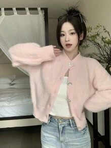 休闲舒适厚实蓬松柔软针织开衫长袖毛衣夹克 - 粉色 - 查看 10